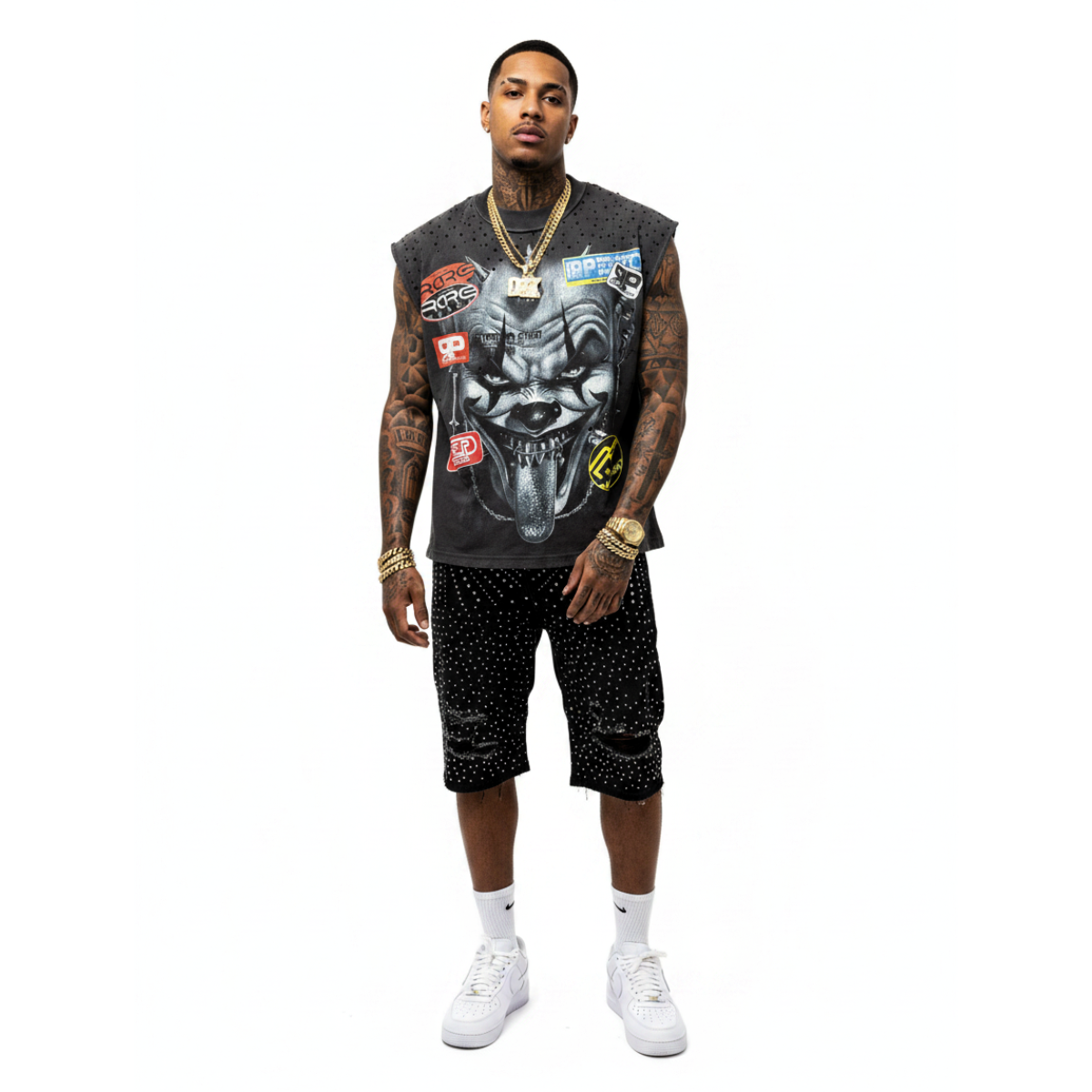 Rare Peace clown rhinestone cut off sleeves t-shirt by RARE PEACE