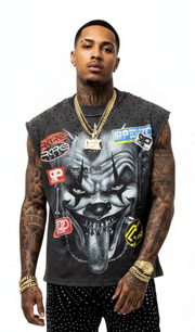 Rare Peace clown rhinestone cut off sleeves t-shirt by RARE PEACE