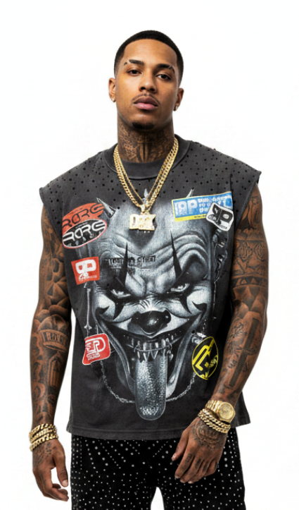 Rare Peace clown rhinestone cut off sleeves t-shirt by RARE PEACE