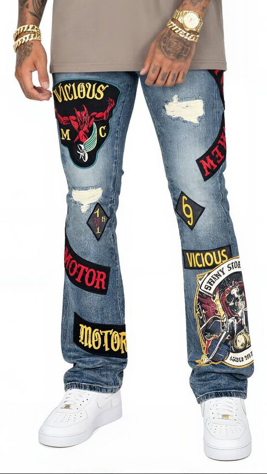 Vicious premium all over patches flare denim by VICIOUS DENIM