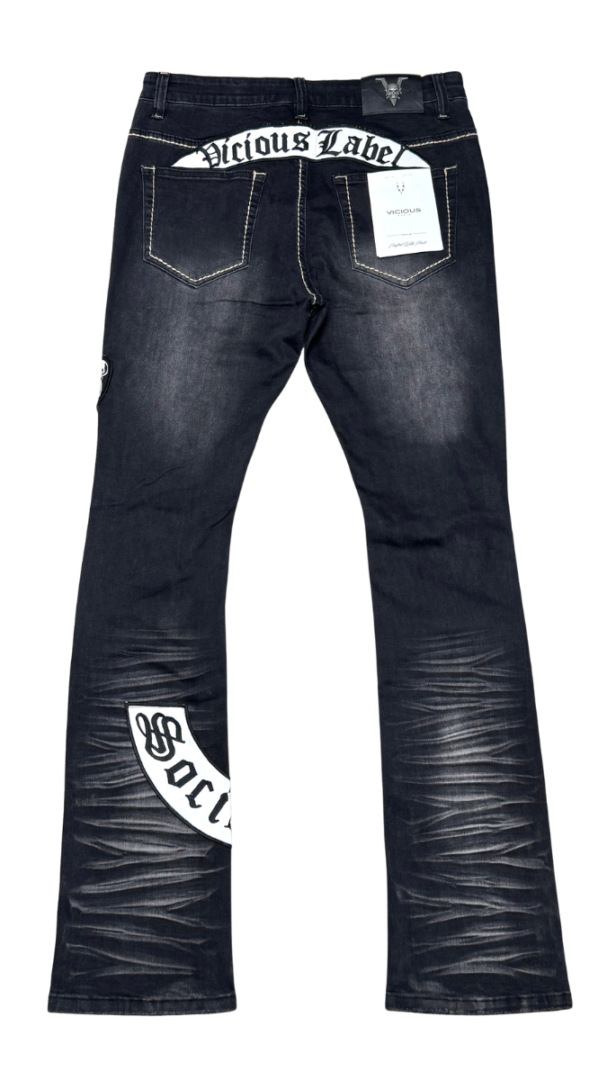 Vicious embroidered patches flare denim by VICIOUS DENIM