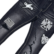 Vicious embroidered patches flare denim by VICIOUS DENIM
