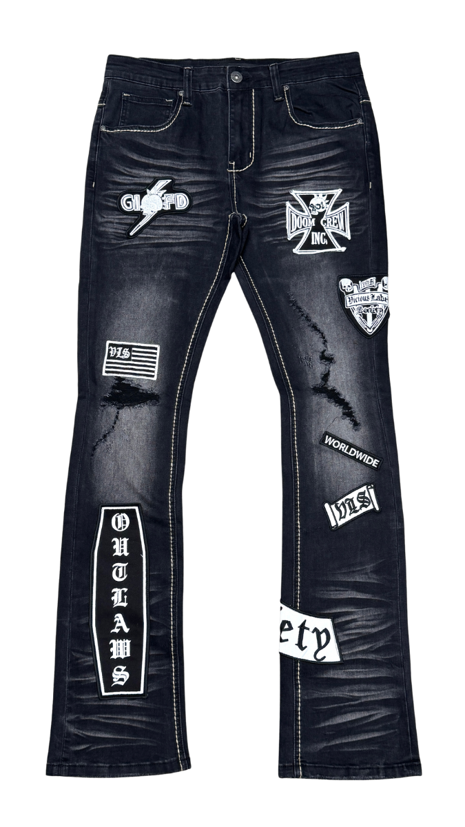 Vicious embroidered patches flare denim by VICIOUS DENIM