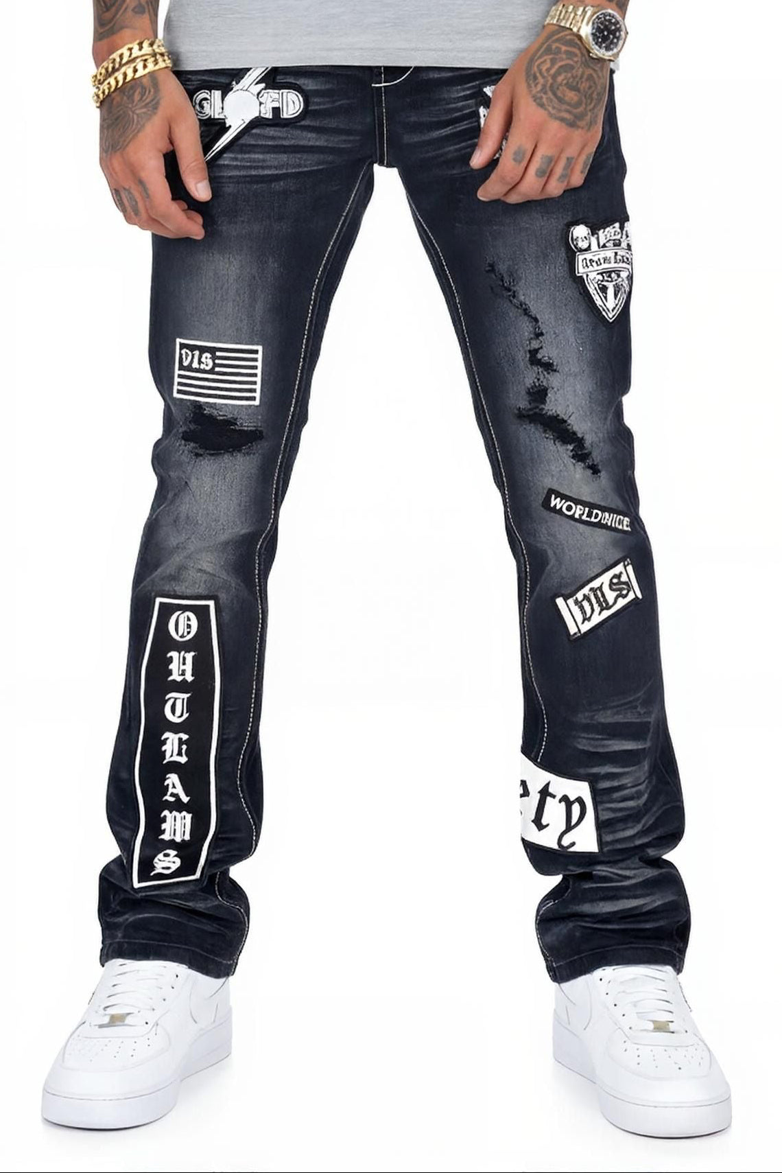 Vicious embroidered patches flare denim by VICIOUS DENIM