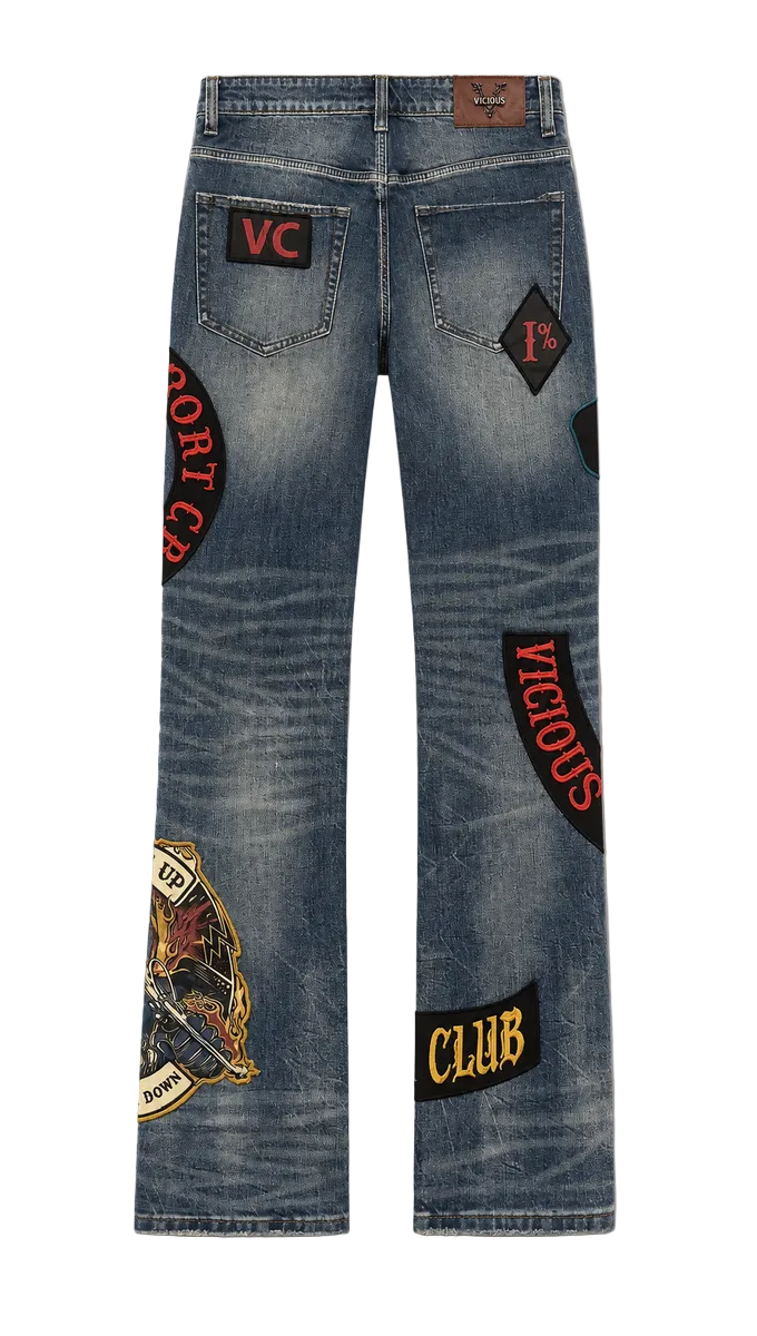 Vicious premium all over patches flare denim by VICIOUS DENIM