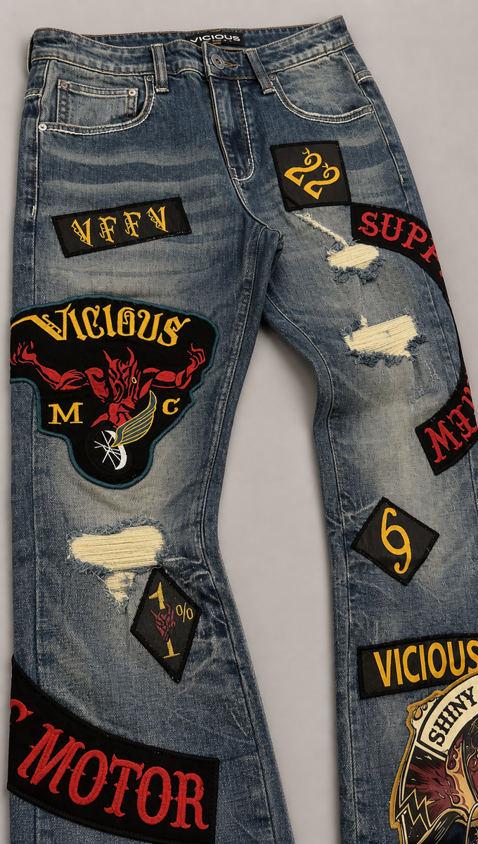 Vicious premium all over patches flare denim by VICIOUS DENIM