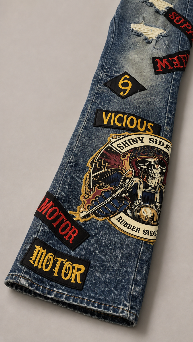 Vicious premium all over patches flare denim by VICIOUS DENIM