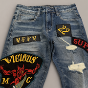 Vicious premium all over patches flare denim by VICIOUS DENIM