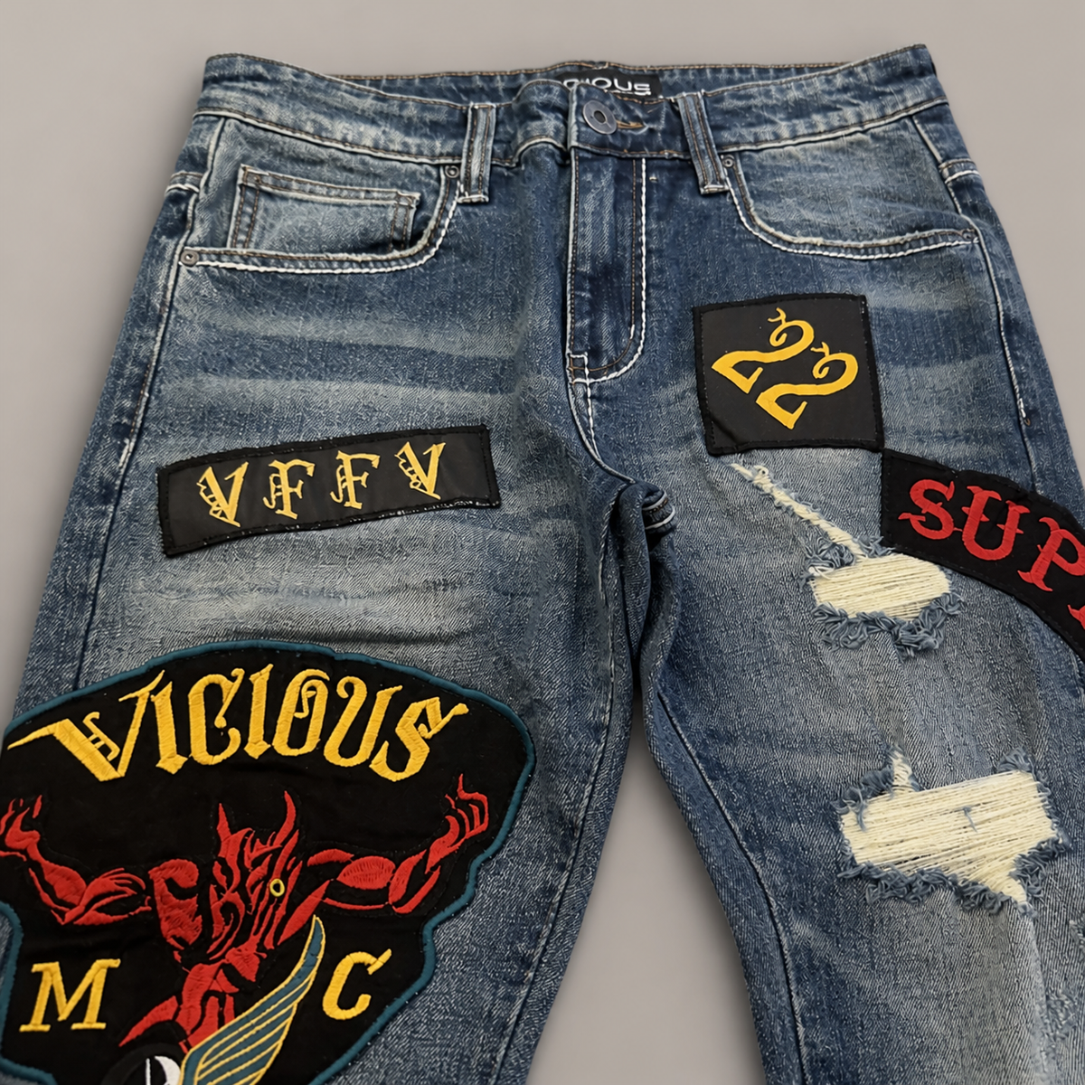 Vicious premium all over patches flare denim by VICIOUS DENIM