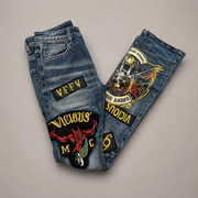 Vicious premium all over patches flare denim by VICIOUS DENIM