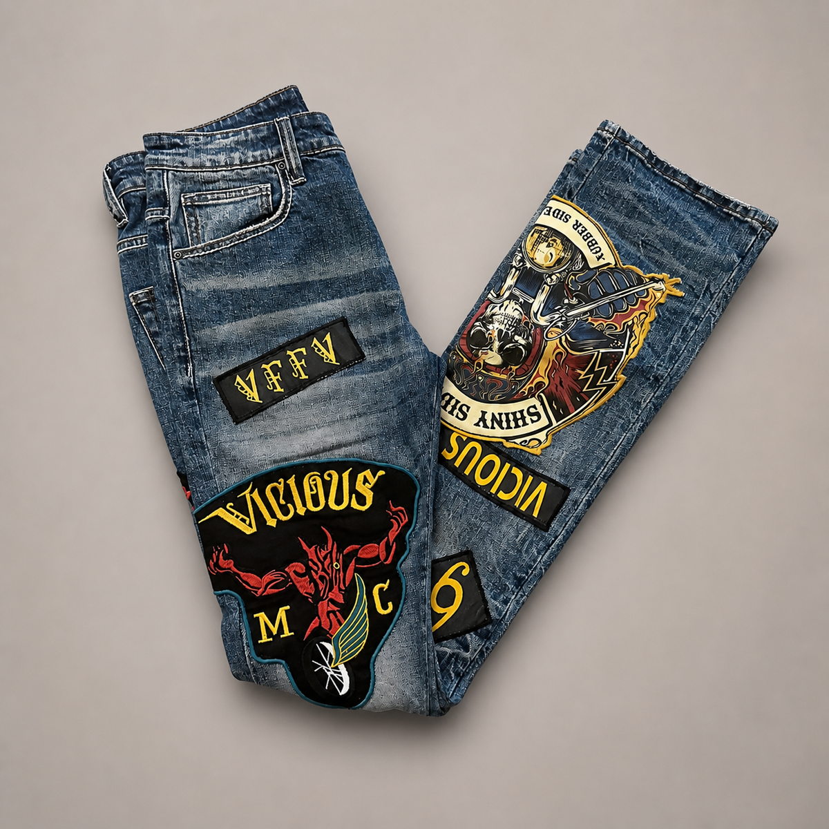 Vicious premium all over patches flare denim by VICIOUS DENIM