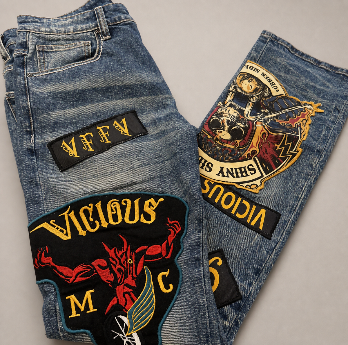 Vicious premium all over patches flare denim by VICIOUS DENIM