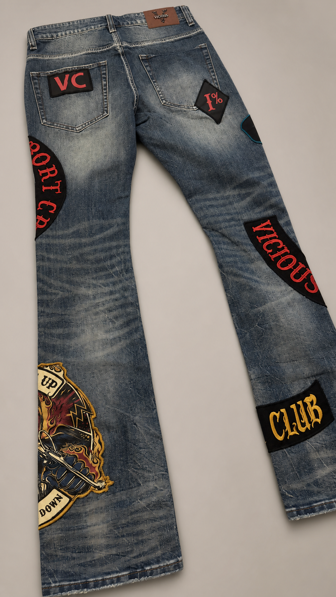 Vicious premium all over patches flare denim by VICIOUS DENIM