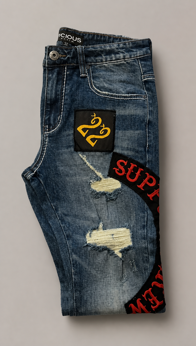 Vicious premium all over patches flare denim by VICIOUS DENIM