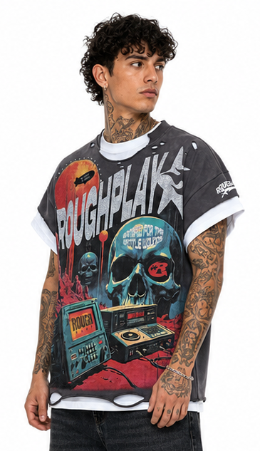 Rough play cutoff sleeves radio t-shirt by ROUGH PLAY