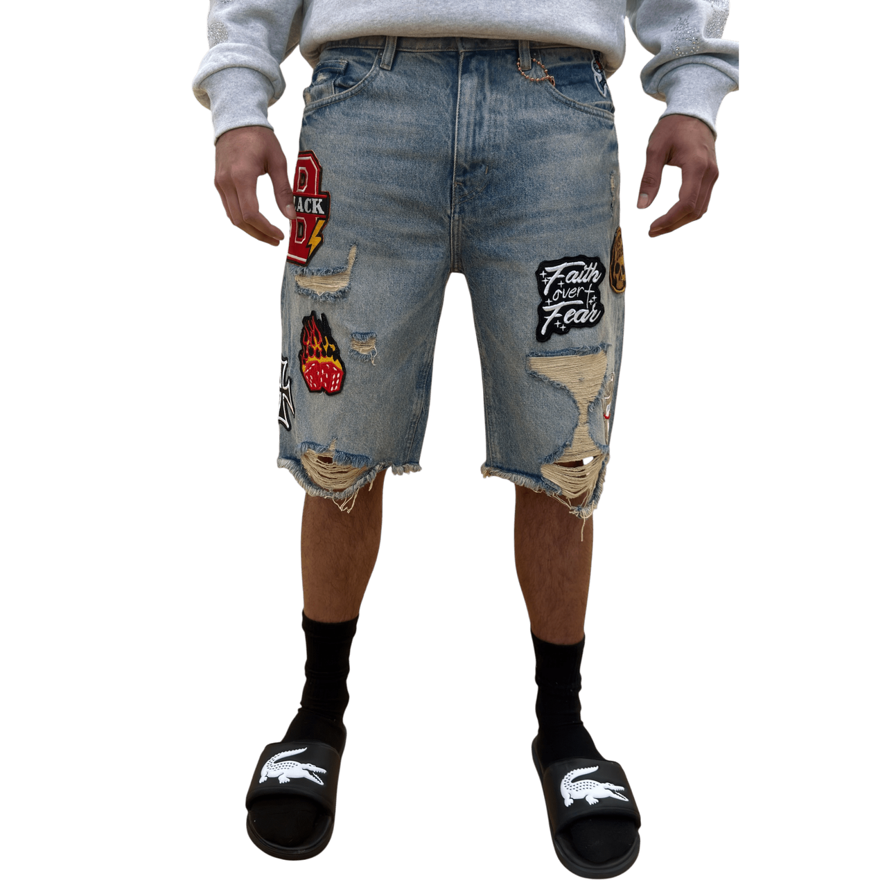 Black Light patched and ripped denim shorts - SHORTS - Cityswagusa.com