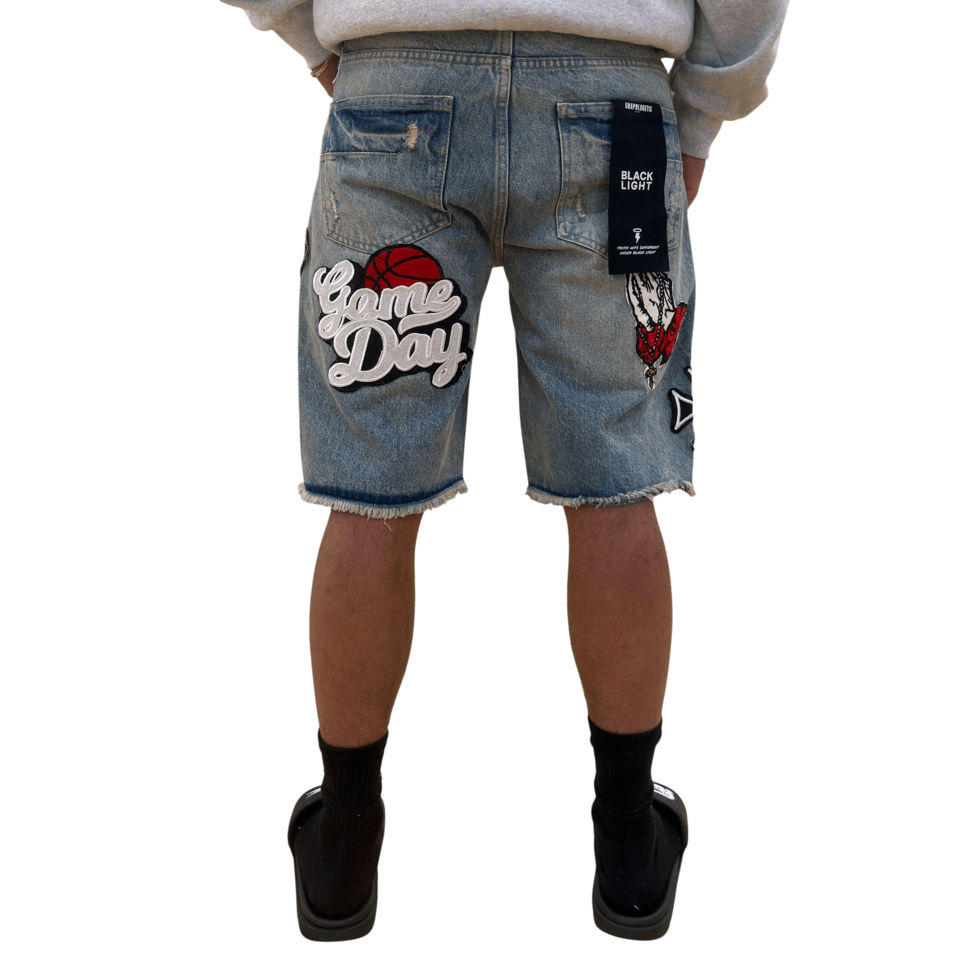 Black Light patched and ripped denim shorts - SHORTS - Cityswagusa.com
