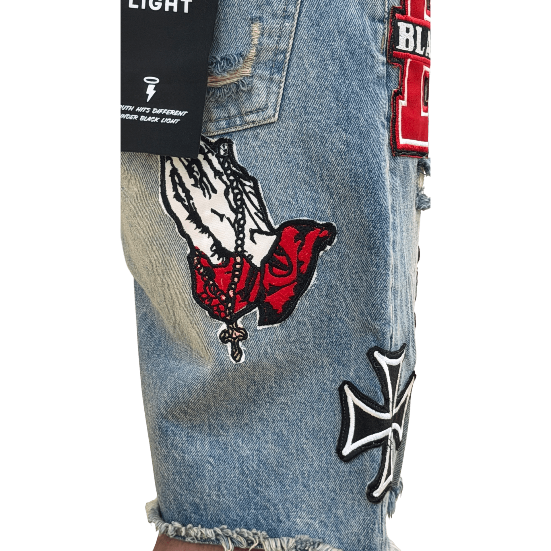 Black Light patched and ripped denim shorts - SHORTS - Cityswagusa.com