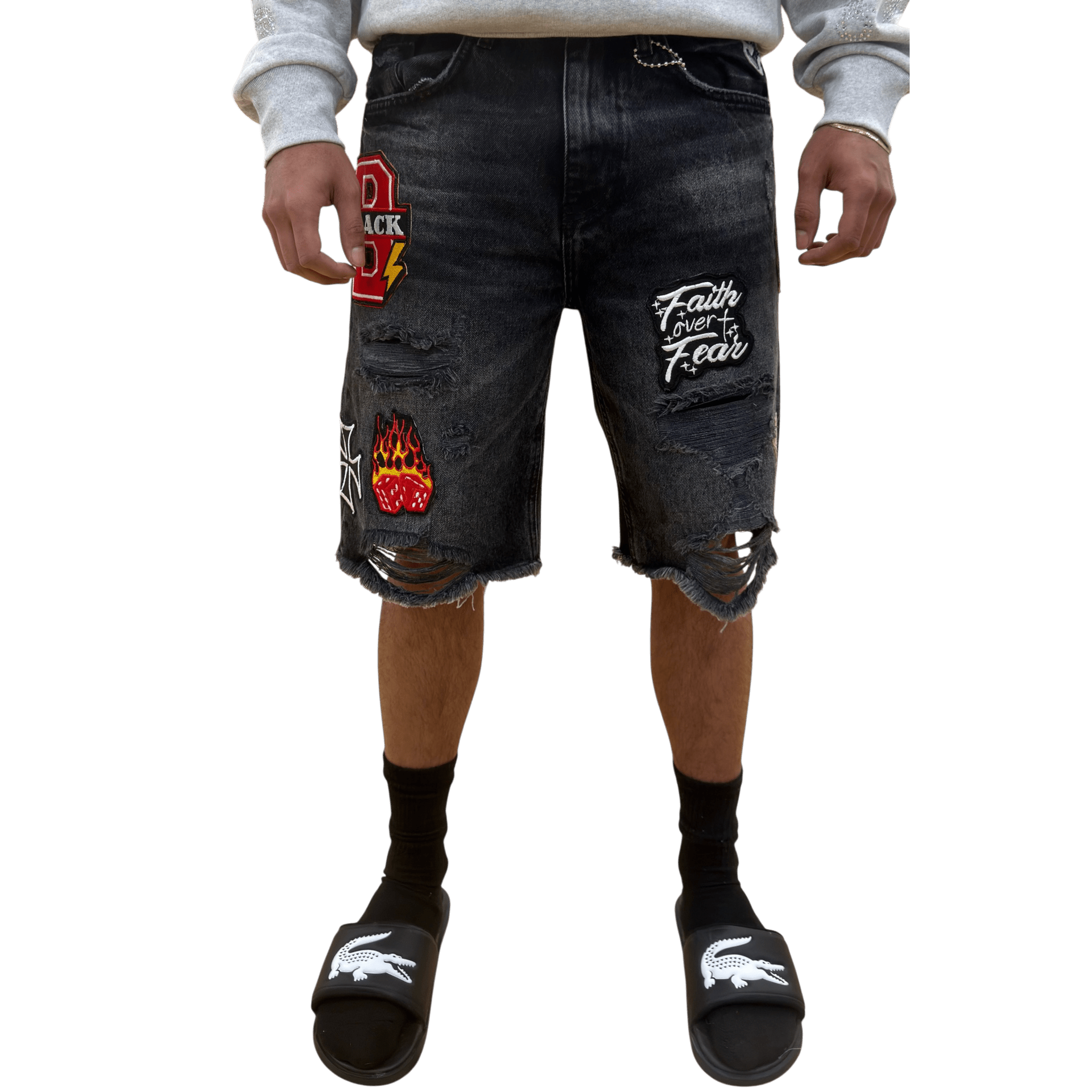 Black Light patched and ripped denim shorts - SHORTS - Cityswagusa.com