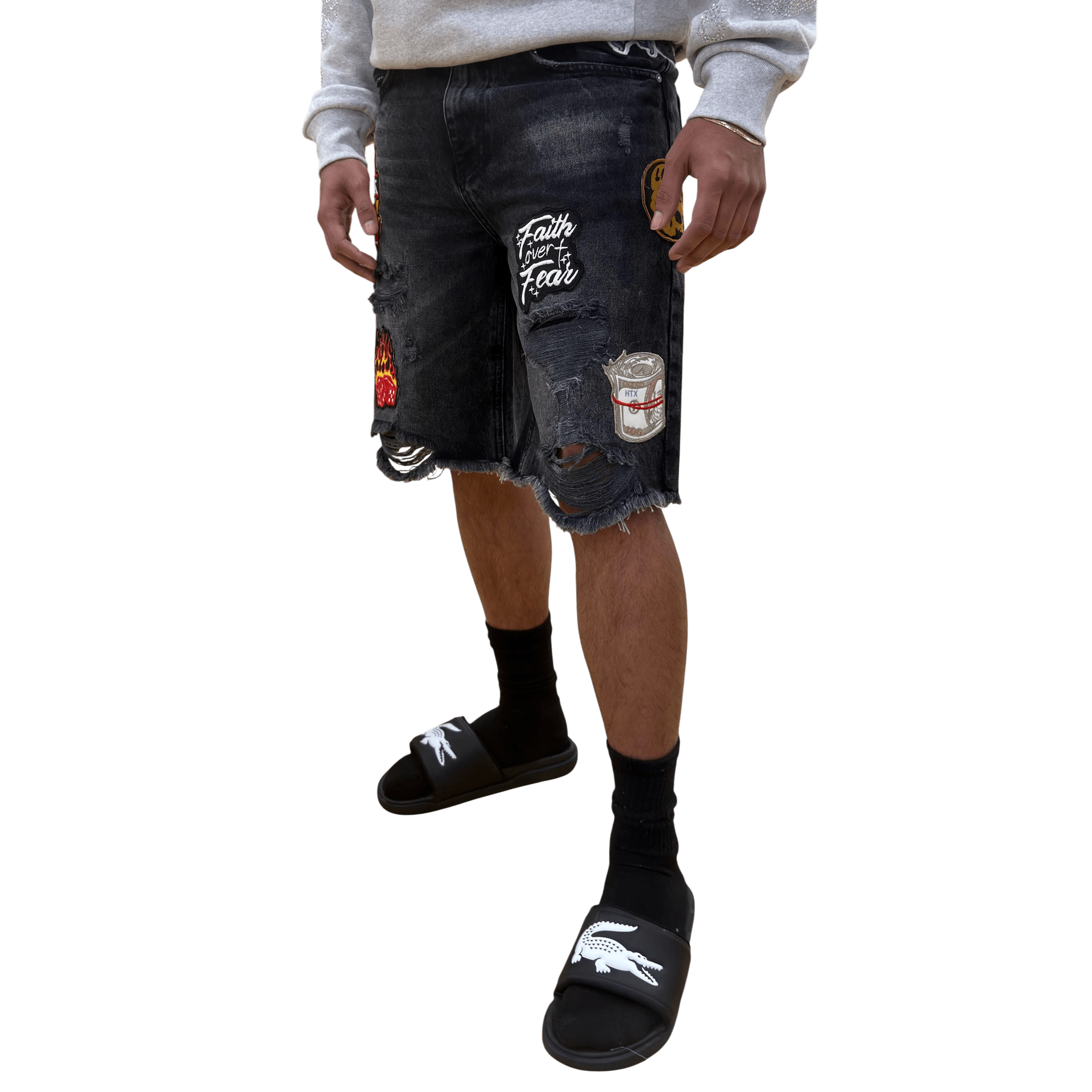 Black Light patched and ripped denim shorts - SHORTS - Cityswagusa.com