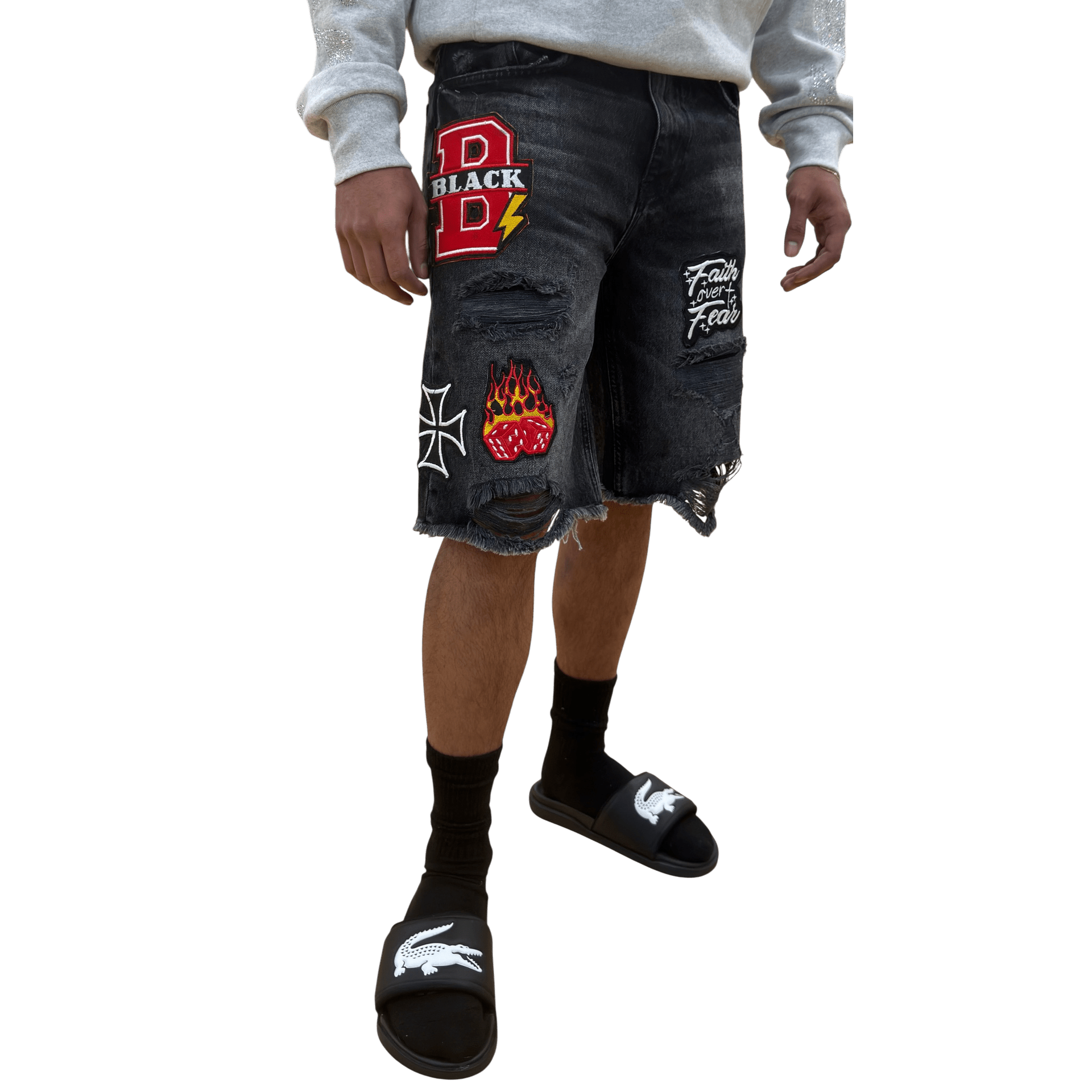 Black Light patched and ripped denim shorts - SHORTS - Cityswagusa.com