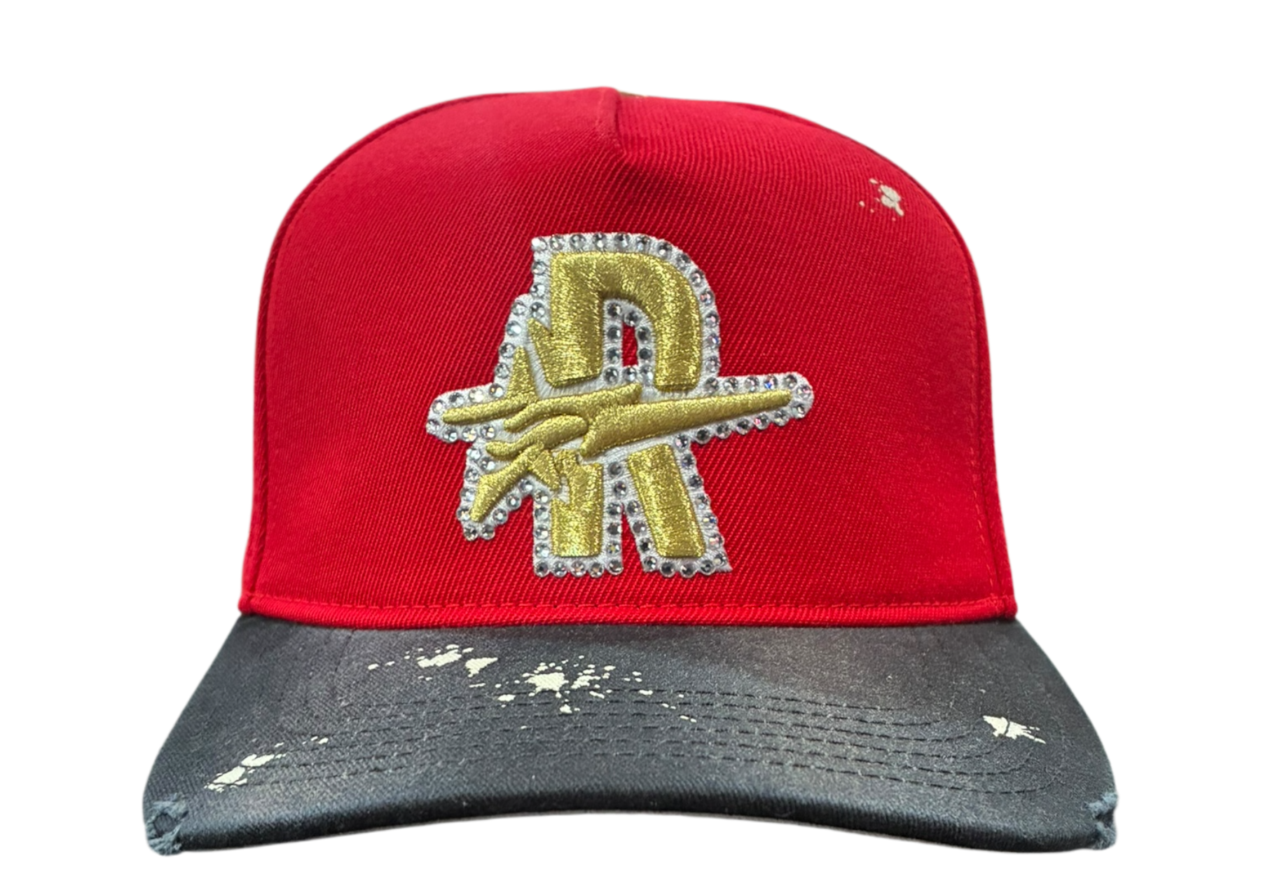Roughplay rhinestone logo paint splatter snapback hat by ROUGH PLAY