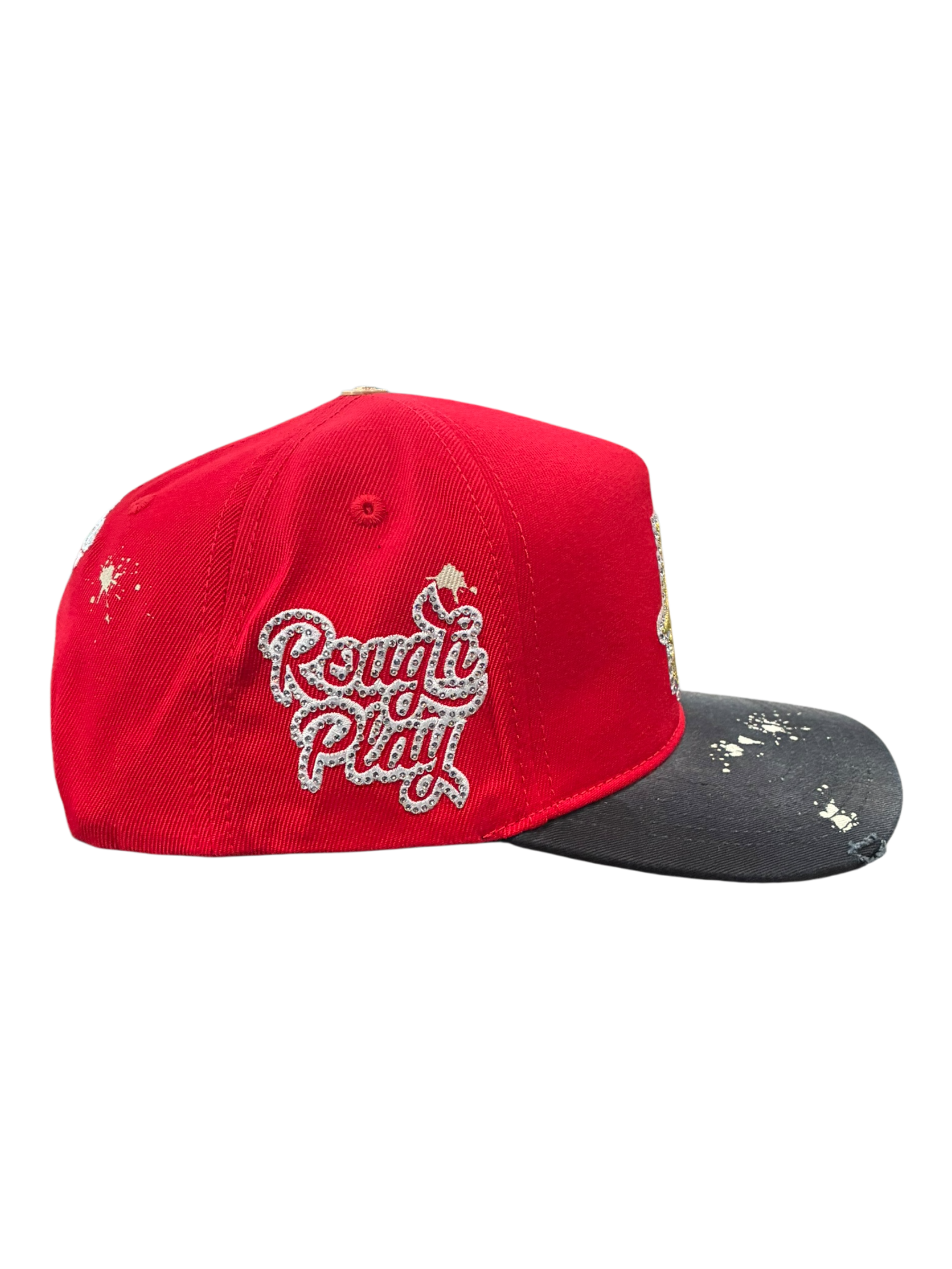 Roughplay rhinestone logo paint splatter snapback hat by ROUGH PLAY