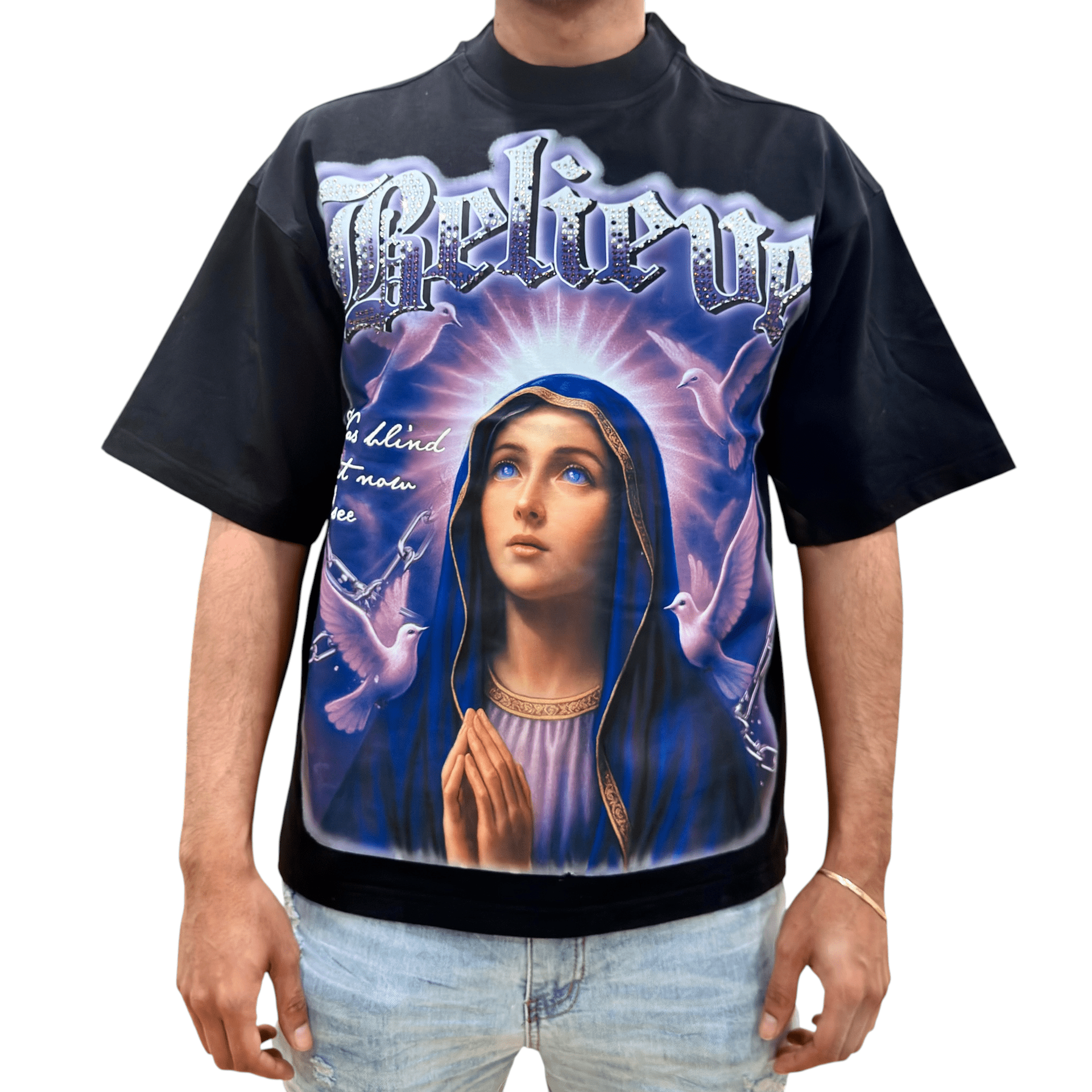 PJ Mark relaxed fit believe graphic rhinestone t-shirt - T - SHIRT - Cityswagusa.com