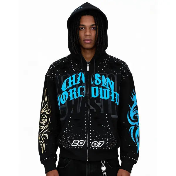 Chasin worldwide never stop rhinestone zip up hoodie - SMALL / BLACK - HOODIE