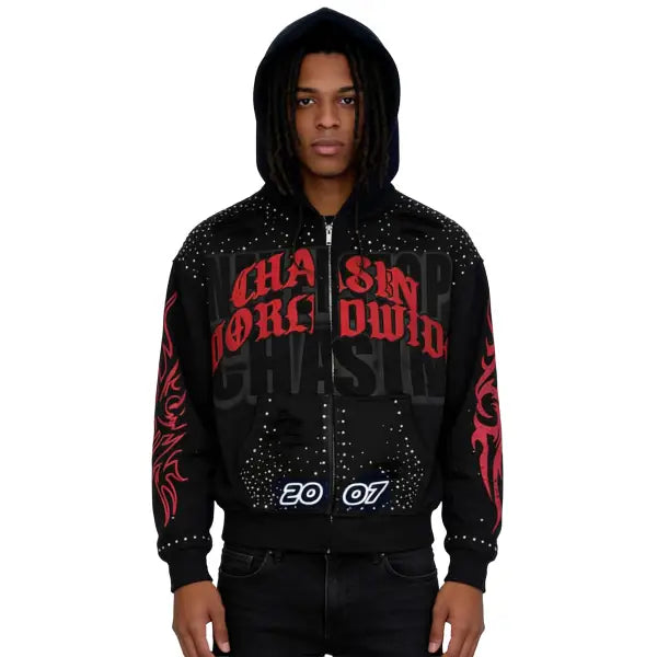 Chasin worldwide never stop rhinestone zip up hoodie - SMALL / BLACK - HOODIE