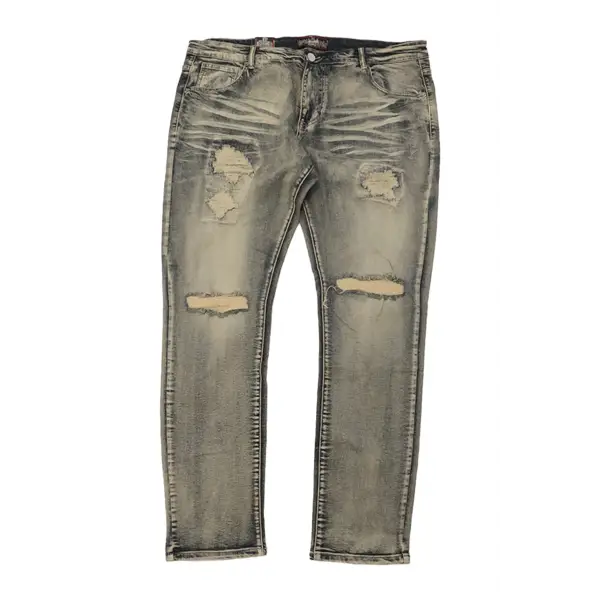 Denim City Slit Knee Ripped Denim - Bold and Comfortable Denim with Distressed Detailing - 42 - DENIM
