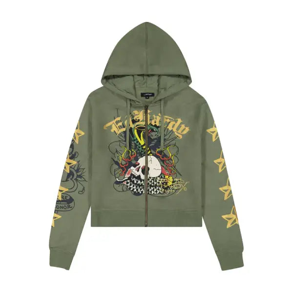 Ed Hardy front cobra flame zip up hoodie - MEDIUM / OLIVE - HOODIE