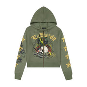 Ed Hardy front cobra flame zip up hoodie - MEDIUM / OLIVE - HOODIE