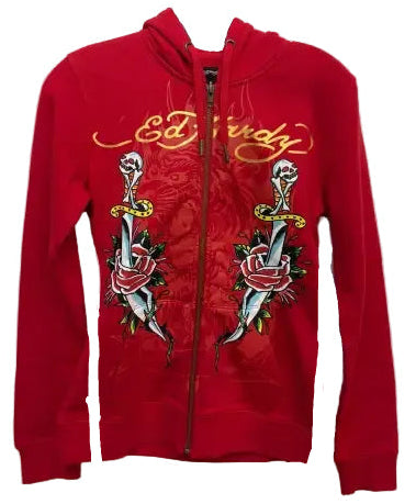 Ed Hardy front dagger roses long zip up hoodie - HOODIE