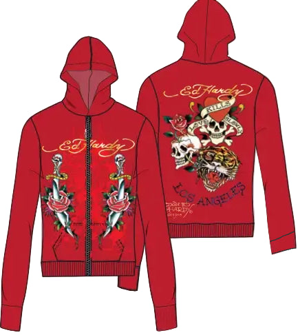 Ed Hardy front dagger roses long zip up hoodie - HOODIE
