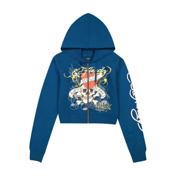 Ed Hardy lks skull zip front hoodie - SMALL / NAVY - HOODIE
