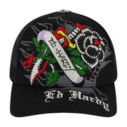 Ed Hardy rose and sword rhinestone trucker snapback - OSFA / BLACK - HATS