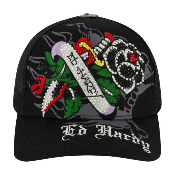 Ed Hardy rose and sword rhinestone trucker snapback - OSFA / BLACK - HATS