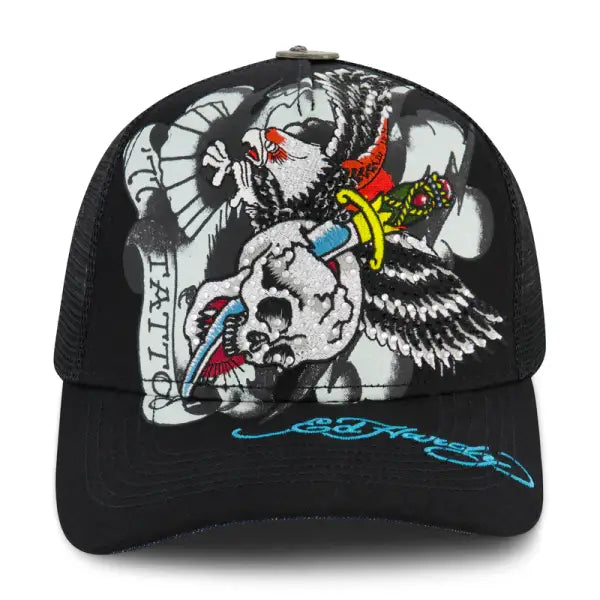Ed Hardy skull and sword rhinestone trucker snapback - OSFA / BLACK - HATS