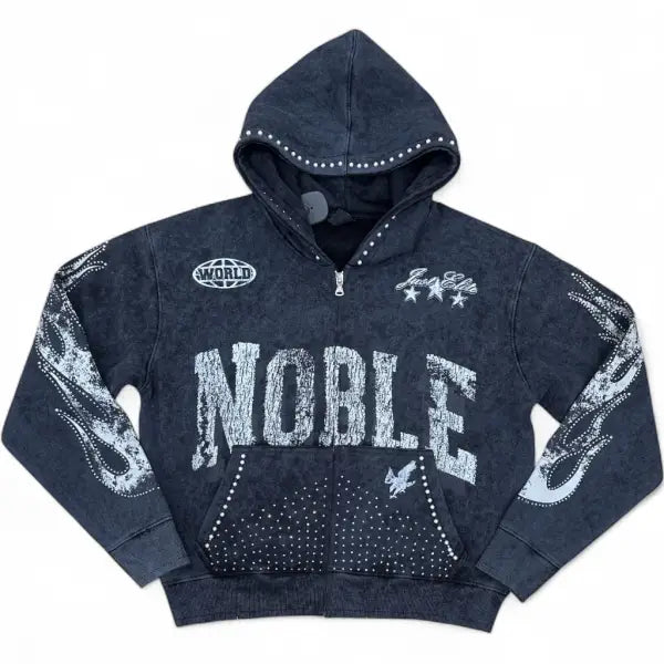 Elite premium denim blackwash rhinestone noble hoodie - HOODIE