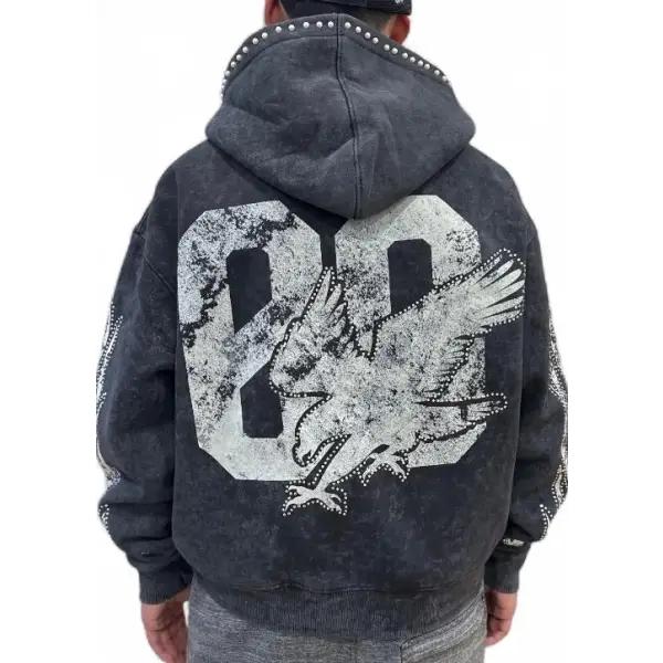 Elite premium denim blackwash rhinestone noble hoodie - HOODIE