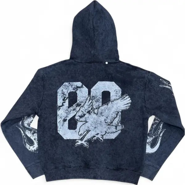 Elite premium denim blackwash rhinestone noble hoodie - HOODIE