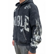 Elite premium denim blackwash rhinestone noble hoodie - HOODIE