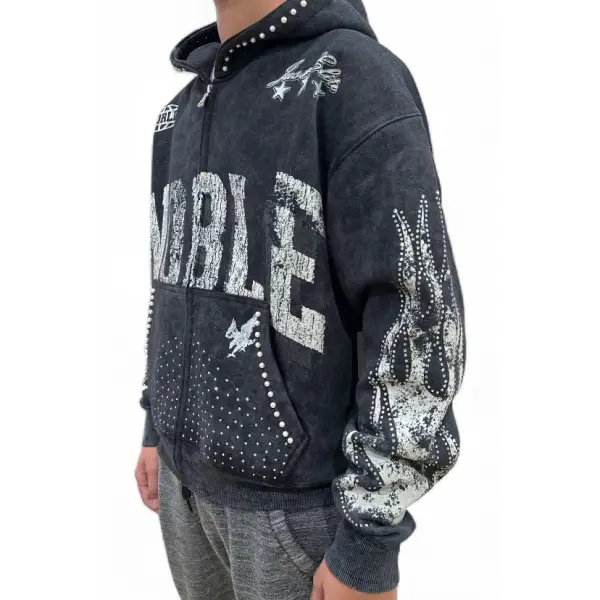 Elite premium denim blackwash rhinestone noble hoodie - HOODIE