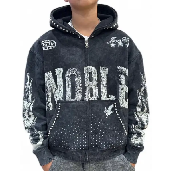 Elite premium denim blackwash rhinestone noble hoodie - SMALL / BLACK - HOODIE