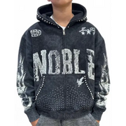 Elite premium denim blackwash rhinestone noble hoodie - SMALL / BLACK - HOODIE