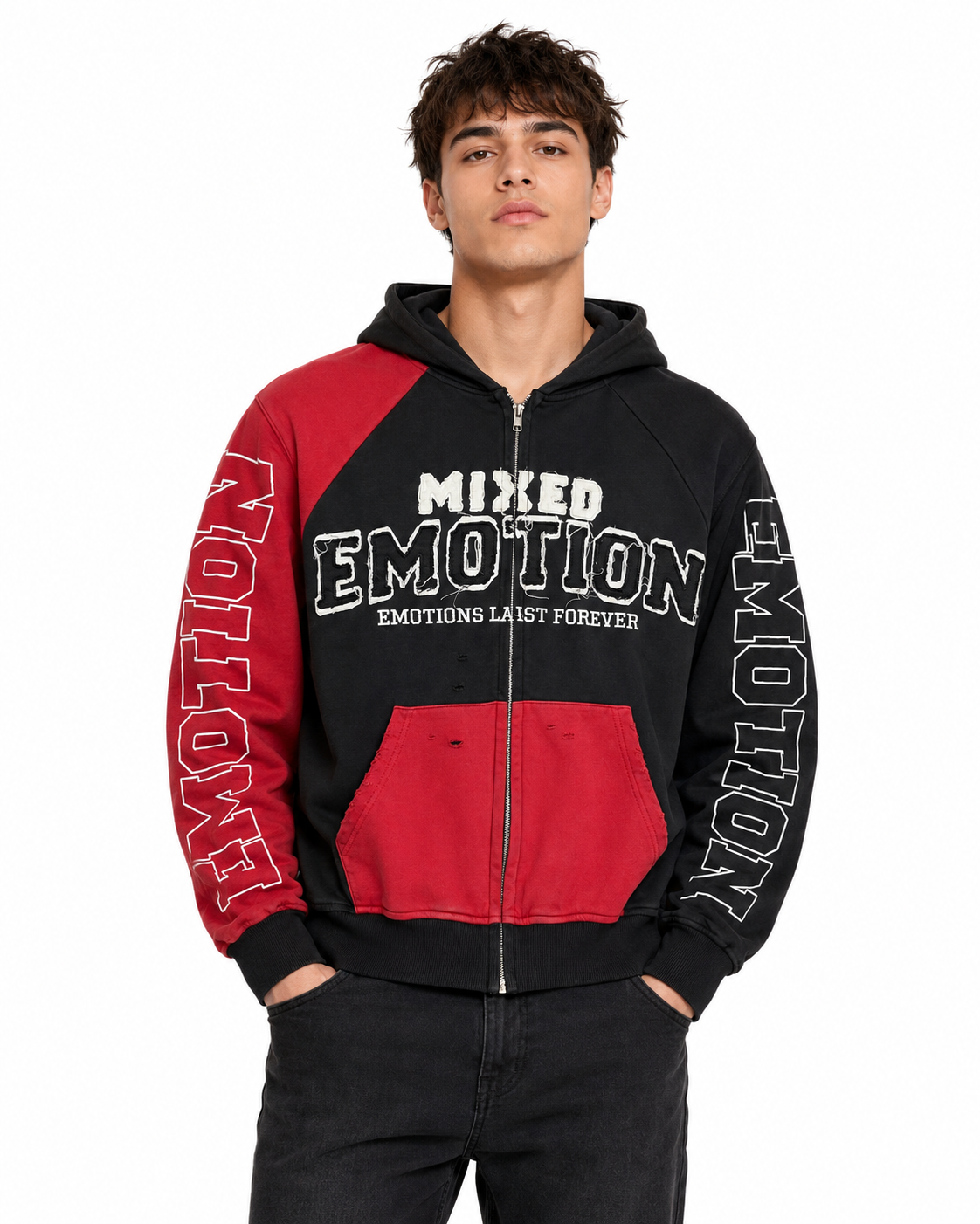 Mixed emotion split decision zip up hoodie by MIXED EMOTION