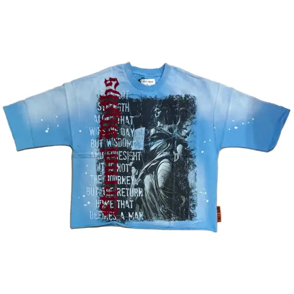 First row 3/4 sleeve cropped mini terry t-shirt - SMALL / LT.BLU - T-SHIRT