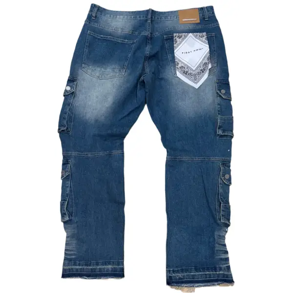 First row destroyed cargo flare loose denim - DENIM