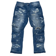 First row destroyed cargo flare loose denim - DENIM